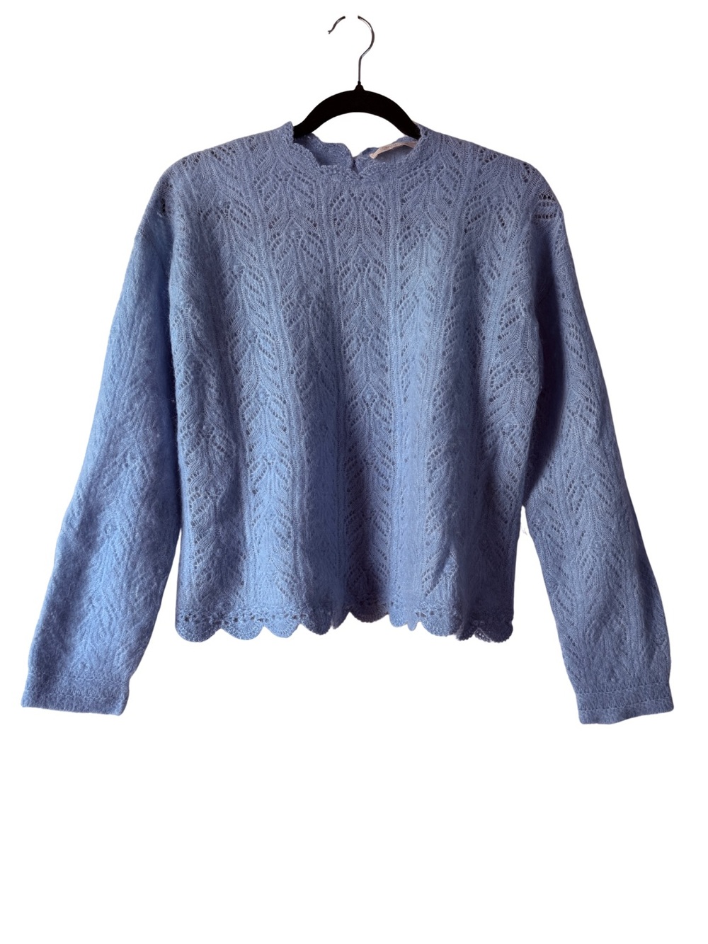 Sézane Louison Jumper in Polar Blue Knit Scalloped Crochet Hem Sweater Medium - Picture 2 of 10